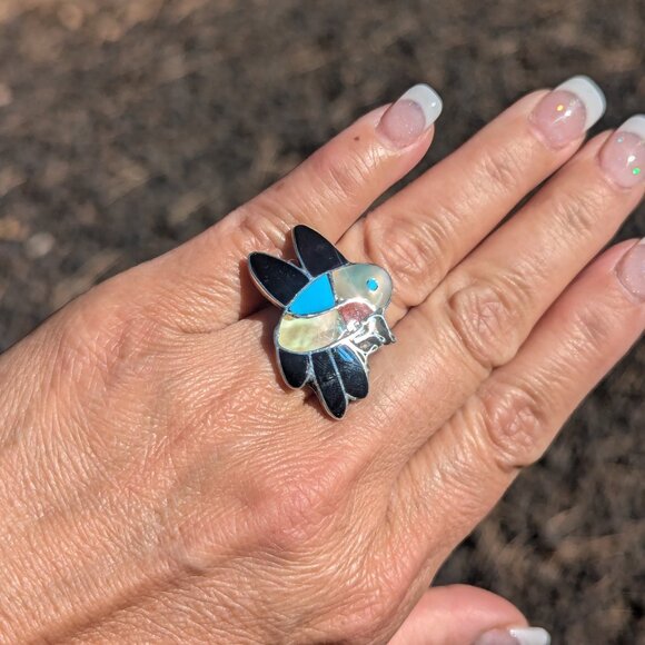 Genuine Native American Jewelry Zuni Ring Hummingbird Style Tribal sz 7.5 *** - Picture 8 of 11